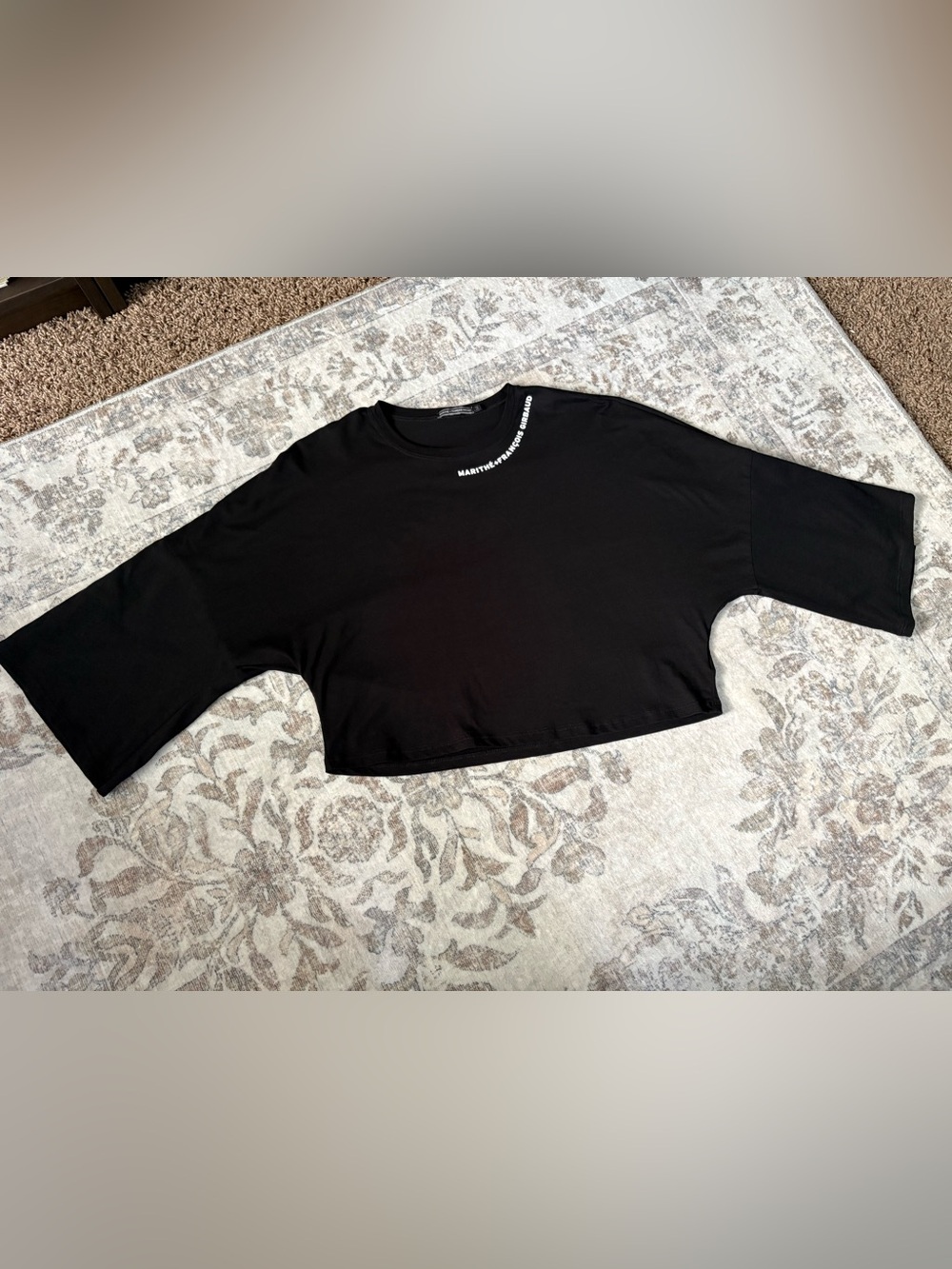 Rare Marithe Francois Girbaud Black Cropped Shirt Logo Tee Women's Sz M Cotton